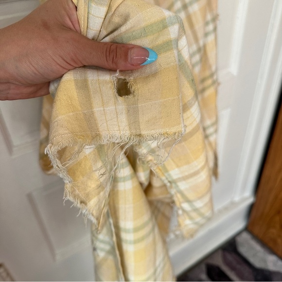 Linen Blend Sundress Yellow Plaid Asymmetrical Frayed Hem Boho Academia Maxi - Picture 9 of 17